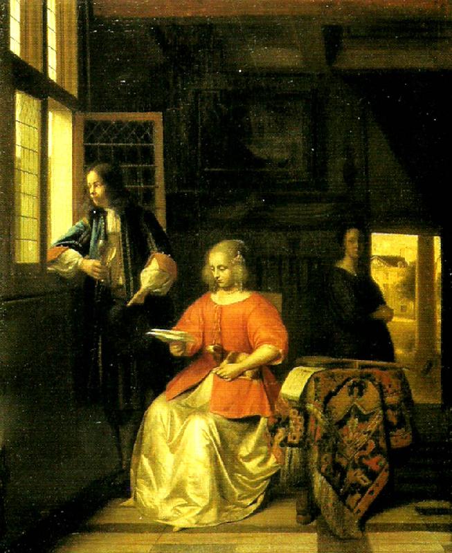 Pieter de Hooch interior med lasande ung dam oil painting image